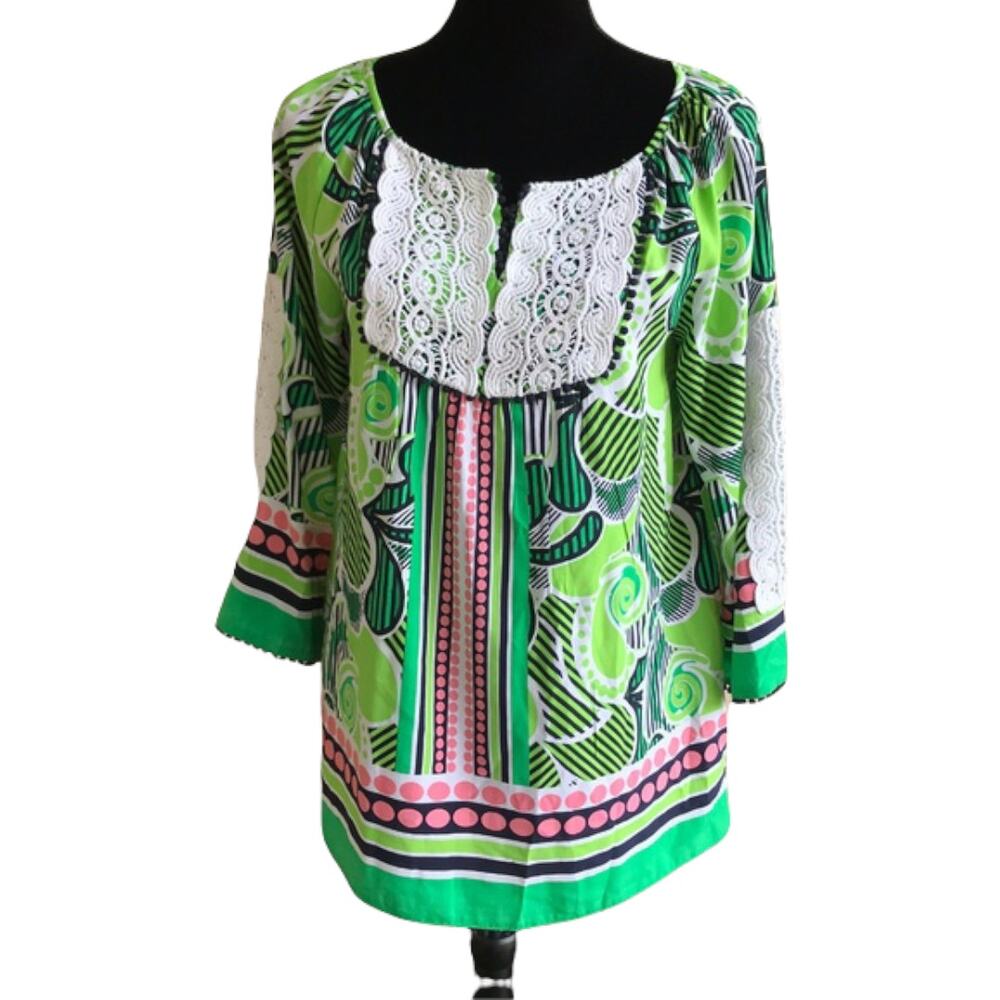 crown & ivy Womens Blouse Size Small Pink Navy Green White Lace Peasant Preppy - Picture 3 of 10